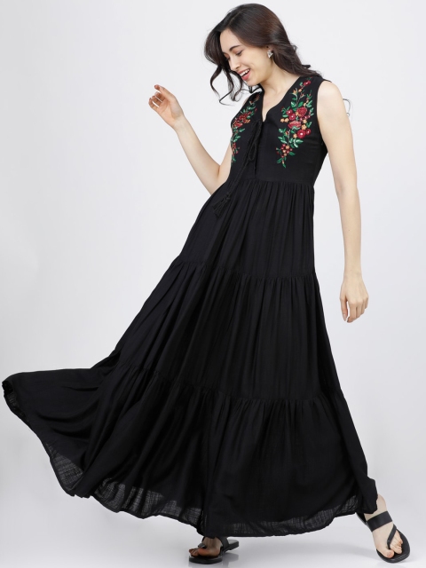 

Tokyo Talkies Women Black Tiered Boho Maxi Dress With Floral Embroidery