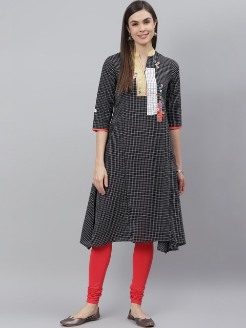 

Shakumbhari Women Black & White Checked Embroidered Kurta