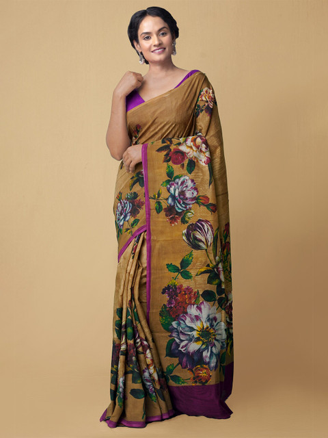 

Unnati Silks Brown & Purple Floral Art Silk Handloom Saree