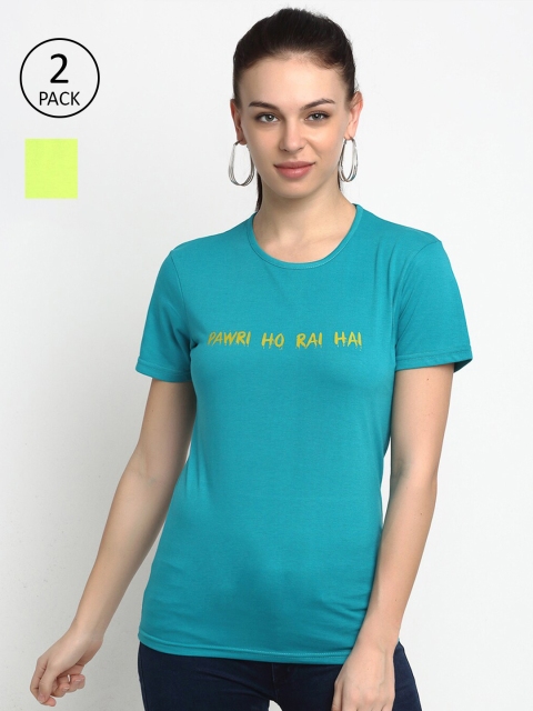 

VIMAL JONNEY Pack of 2 Women Green & Blue Typography Printed Applique T-shirt