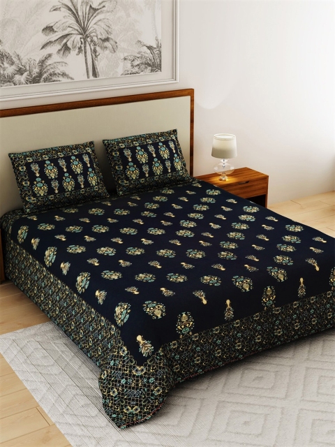 

Salona Bichona Blue & Green Ethnic Motifs 120 TC King Bedsheet with 2 Pillow Covers