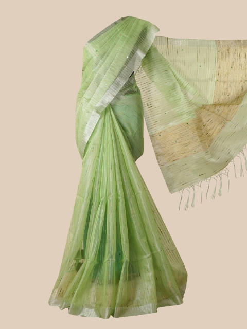 

Pothys Green & Gold-Toned Striped Tissue Saree