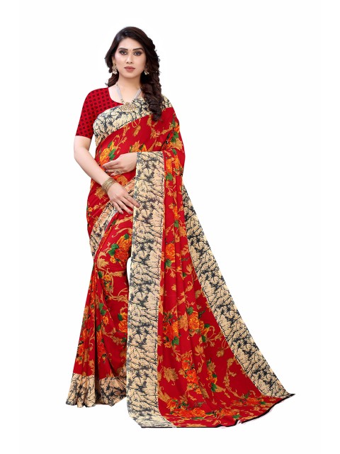 

KALINI Red & Orange Floral Poly Georgette Saree