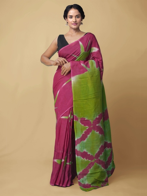 

Unnati Silks Pink & Green Leheriya Art Silk Patola Saree