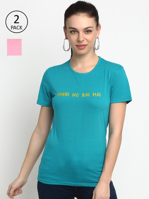 

VIMAL JONNEY Women Teal Blue & Pink Typography 2 Printed T-shirt