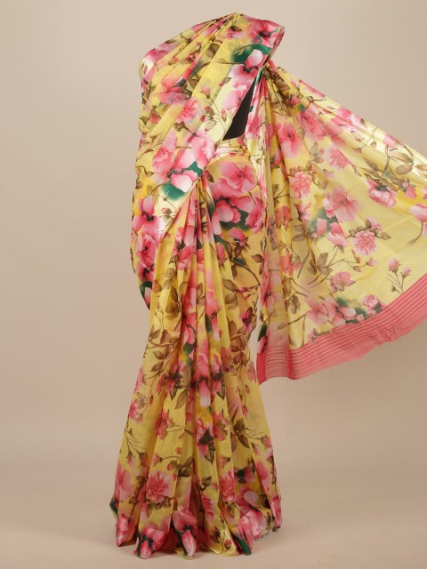 

Pothys Yellow & Pink Floral Cotton Blend Saree