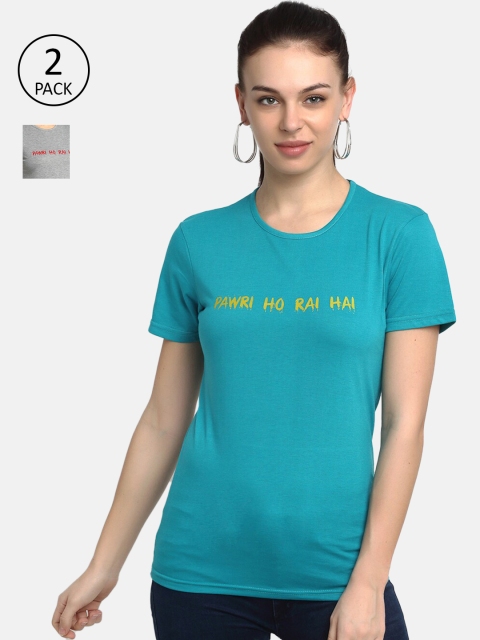 

VIMAL JONNEY Women Blue & Grey Typography 2 Printed Cotton T-shirts