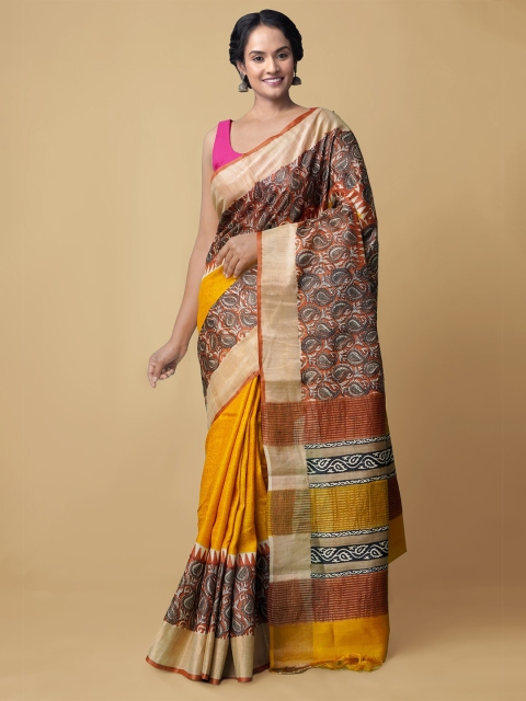 

Unnati Silks Yellow & Beige Paisley Zari Pure Silk Handloom Tussar Saree