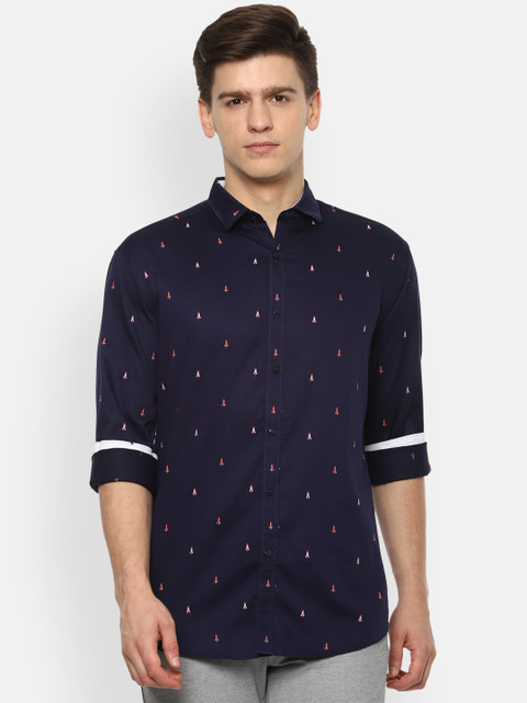 

V Dot Men Navy Blue Slim Fit Printed Cotton Casual Shirt