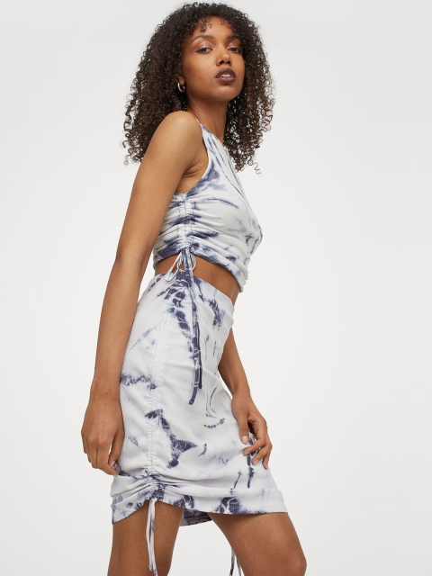 

H&M Women White & Blue Drawstring-Detail Skirt