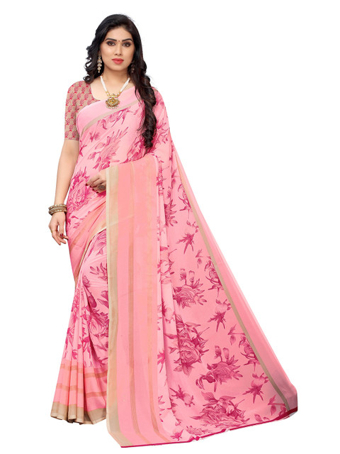 

KALINI Pink & Beige Floral Poly Georgette Saree
