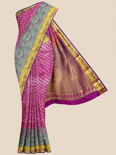 

Kalamandir Pink & Green Ethnic Motifs Zari Silk Blend Heavy Work Kanjeevaram Saree