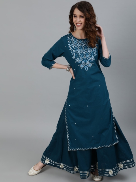 

Ishin Women Teal Ethnic Motifs Embroidered Pure Cotton Kurta with Sharara