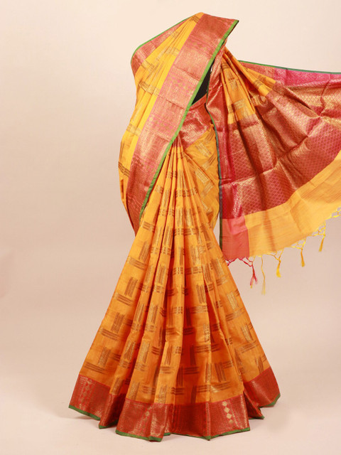 

Pothys Mustard & Gold Ethnic Motifs Cotton Blend Saree