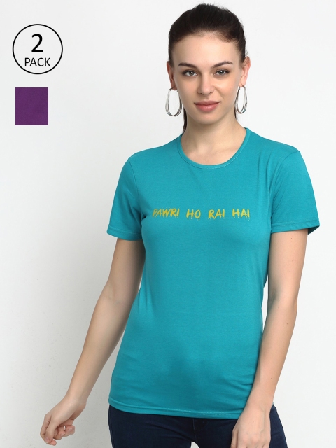 

VIMAL JONNEY Women Blue & Purple Pack of 2 Typography Printed T-shirt