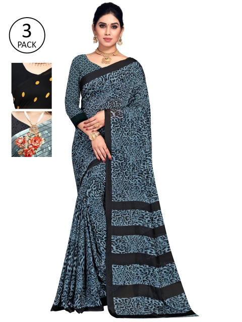 

KALINI Pack Of 3 Printed Sarees, Blue