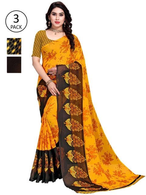 

KALINI Pack of 3 Printed Poly Georgette Sarees, Multi