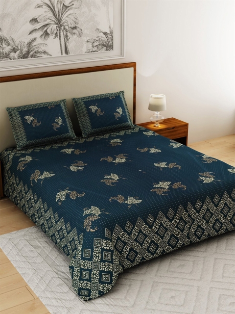 

Salona Bichona Blue & Off White Floral 120 TC King Bedsheet with 2 Pillow Covers