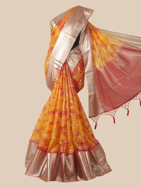 

Pothys Mustard & Red Bandhani Zari Tissue Bandhani Saree
