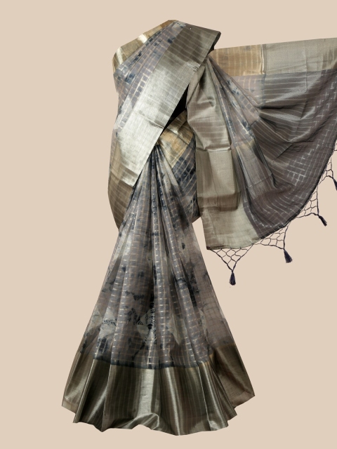 

Pothys Grey & Gold-Toned Checked Tissue Saree With Tasseled Pallu