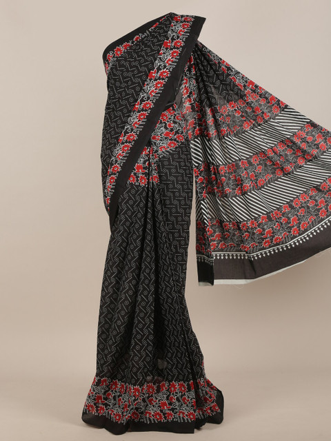 

Pothys Black & Red Floral Cotton Blend Saree