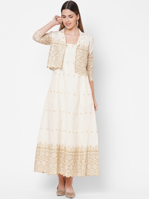 

FASHOR Women Off White & Beige Ethnic Motifs Embroidered Layered Anarkali Kurta