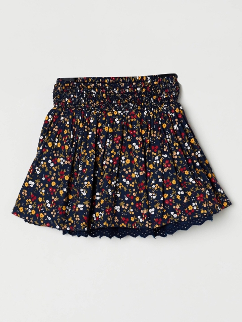 

max Girls Navy Blue & Yellow Floral Printed Pure Cotton Flared Knee-Length Skirt