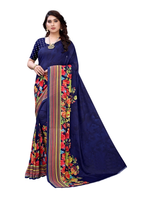 KALINI Navy Blue & Red Floral Poly Georgette Saree