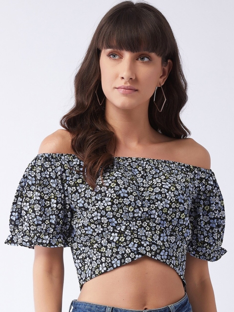 

MAGRE Women Black Floral Off-Shoulder Bardot Crop Top