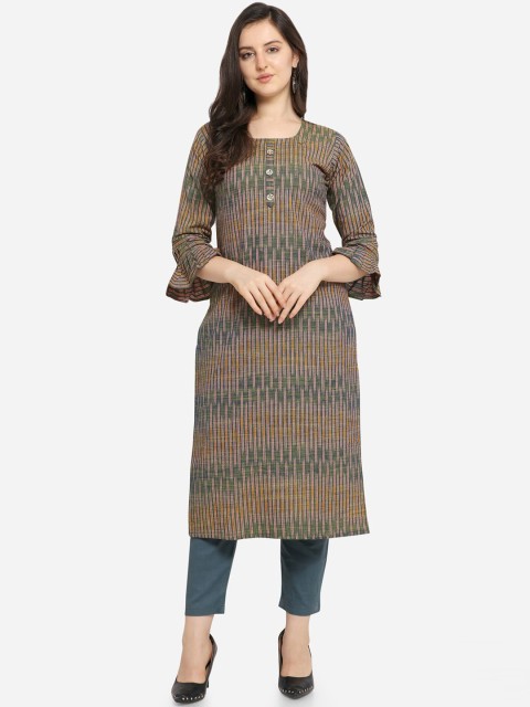 

Kvsfab Women Beige & Black Printed Flared Sleeves Cotton Straight Kurta