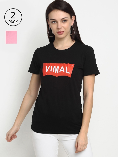 

VIMAL JONNEY Women Black & Pink Typography 2 Printed T-shirts