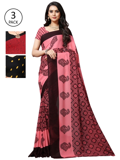 

KALINI Pack of 3 Poly Georgette Sarees, Red