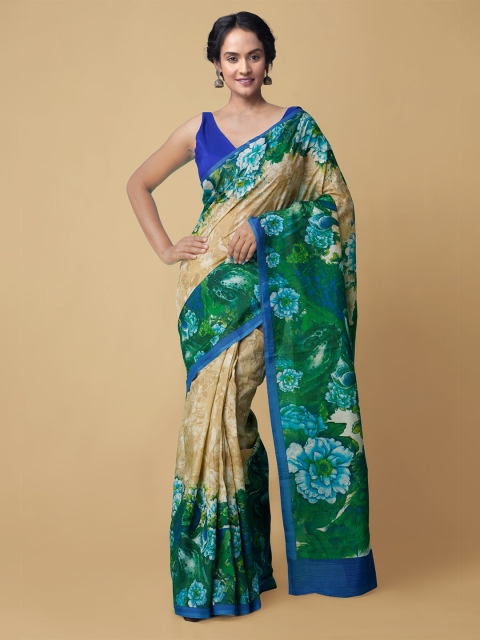 

Unnati Silks Brown & Green Floral Art Silk Handloom Saree