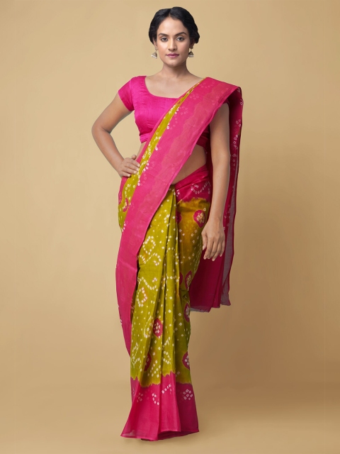 

Unnati Silks Green & Pink Bandhani Pure Cotton Handloom Bandhani Saree