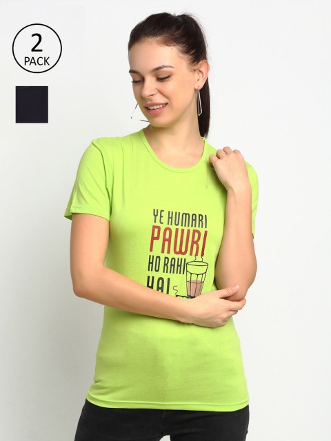 

VIMAL JONNEY Pack of 2 Women Green & Black Typography 2 Sleeves Applique T-shirt