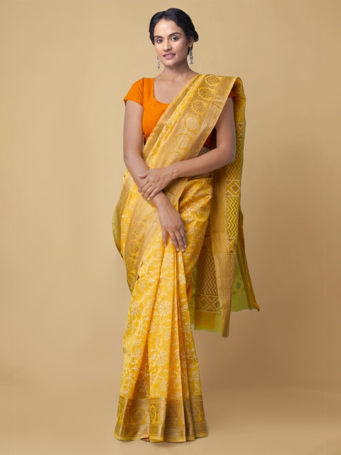 

Unnati Silks Women Yellow & Gold-Toned Pure Summer Supernet Sustainable Saree