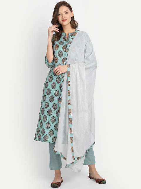 

Anubhutee Women Green & Off-White Printed Pure Cotton Kurta with Trousers & Dupatta