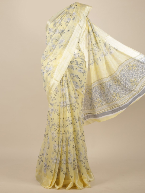 

Pothys Yellow & Grey Floral Zari Cotton Blend Saree