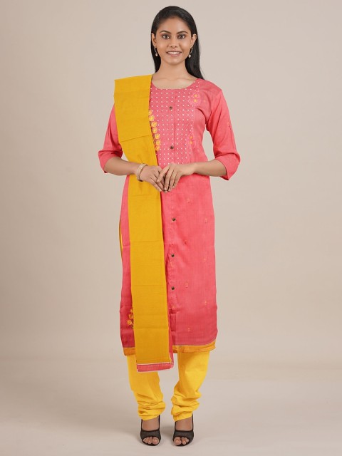 

Pothys Pink & Yellow Embroidered Unstitched Dress Material
