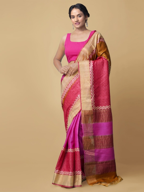 

Unnati Silks Pink & Beige Ethnic Motifs Zari Pure Silk Handloom Tussar Saree