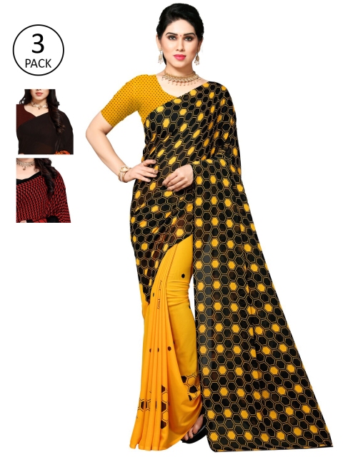

KALINI Women Pack of 3 Printed Sarees, Black
