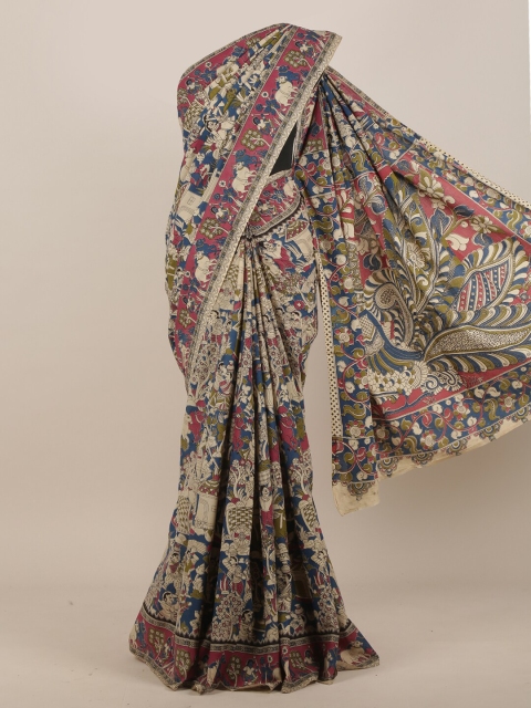 Pothys Cream & Blue Kalamkari Saree