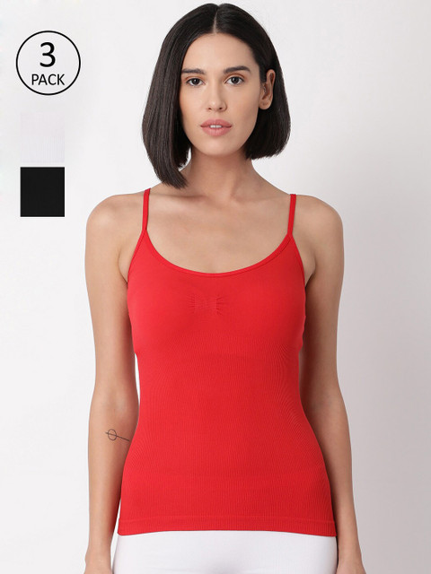 

GOLDSTROMS Women Pack Of 3 Black & Red Solid Seamless Camisoles