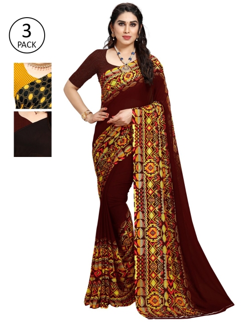 

KALINI Pack of 3 Poly Georgette Printed Sarees, Mustard