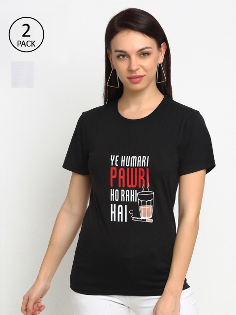 

VIMAL JONNEY Pack of 2 Women Black & White Typography Printed Applique T-shirt