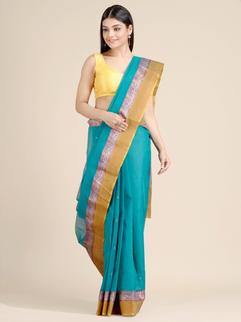 

Mitera Teal & Gold-Toned Pure Cotton Fusion Taant Saree