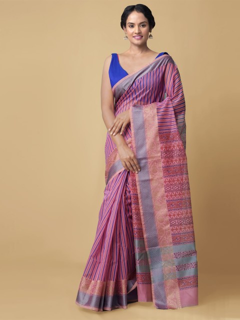 

Unnati Silks Pink & Blue Striped Zari Net Handloom Saree