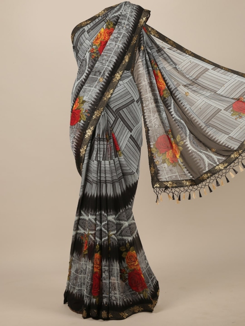 

Pothys Grey & Orange Floral Zari Poly Chiffon Saree
