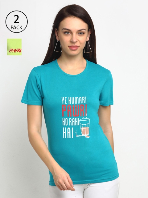 

VIMAL JONNEY Women Set of 2 Blue & Lime Green Typography Printed T-shirt