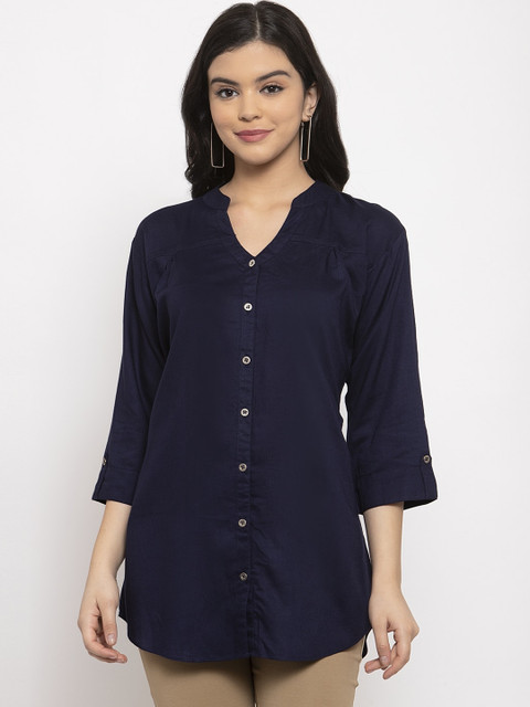 

Baani Creations Women Navy Blue Mandarin Collar Casual Shirt